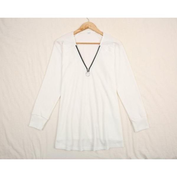 Chic Zipper V-Neck Long Sleeve Long Tee